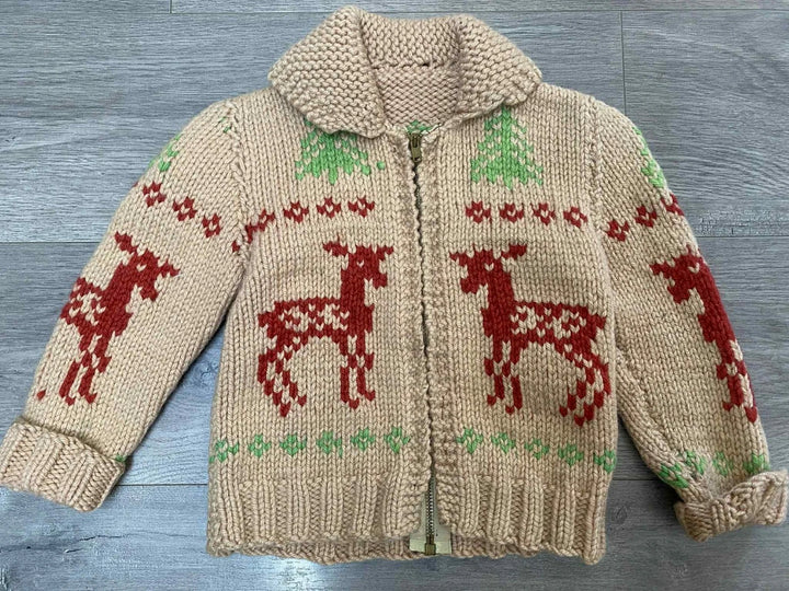 Vintage Cowichan-Inspired Wool Cardigan — Red Deer, Children's Size