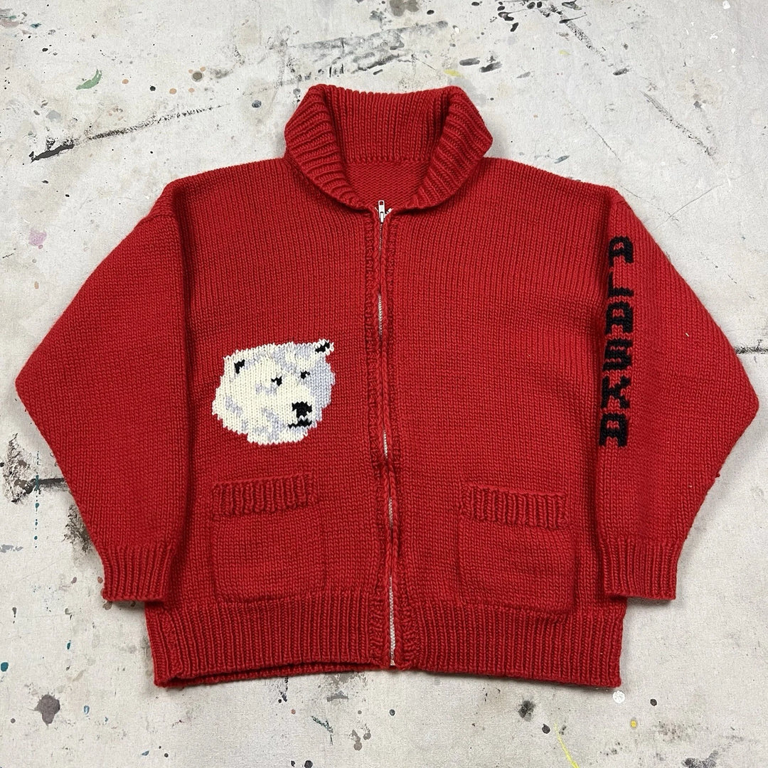 Vintage Cowichan-Inspired Wool Cardigan - Alaska Polar Bear